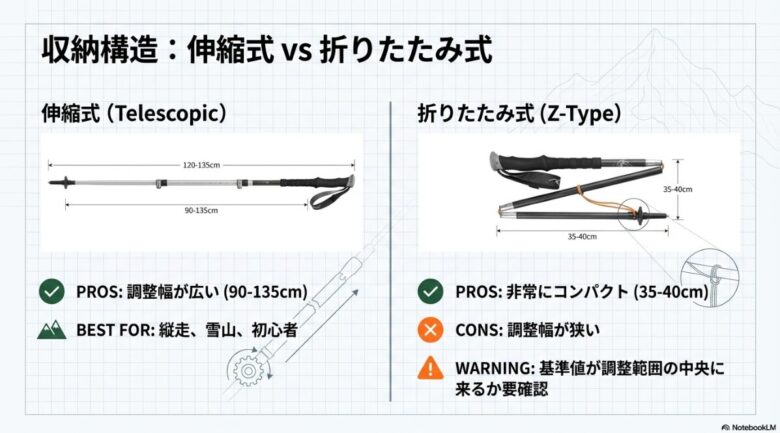 伸縮式ポールと折りたたまれたポールの画像比較。伸縮式は調整幅が広く縦走向け、折りたたみ式は非常にコンパクトで電車移動向けであることなどが記載されている。