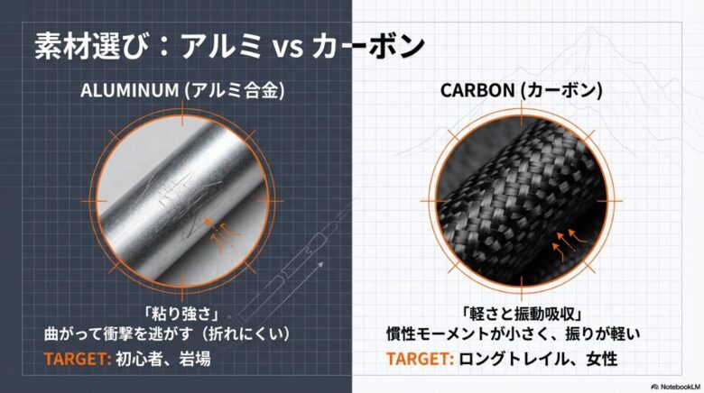 アルミの表面とカーボンの網目模様のアップ画像。アルミは「粘り強く折れにくい」、カーボンは「軽く振動吸収に優れる」という特徴が対比されている。