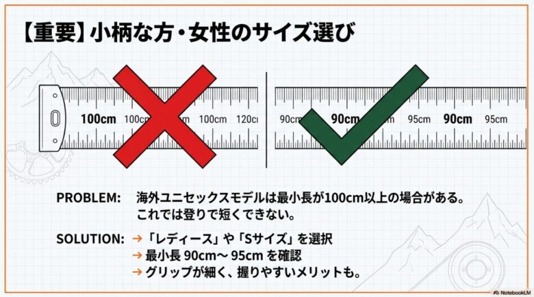 メジャーのイラスト。最小長が100cm以上のものはNG、90cm〜95cmのものを選ぶべきというアドバイスと、レディースモデルのメリットが記載されている。