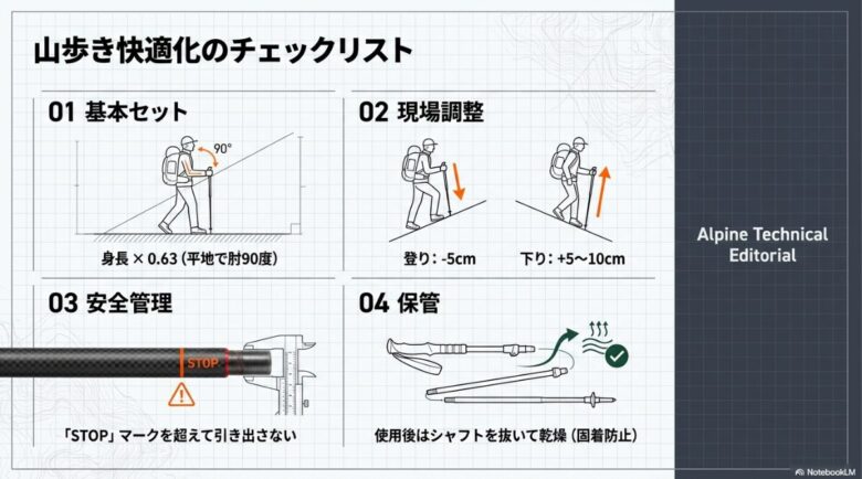 「STOP」マークを超えないこと、登り下りの長さ調整、使用後はシャフトを抜いて乾燥させる固着防止策などの4つの管理ポイントがイラストで示されている。