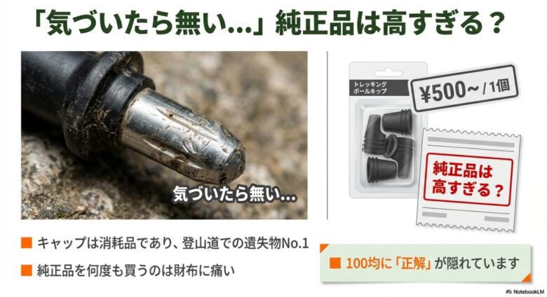 トレッキングポールの金属製の先端が露出した写真と、純正キャップが1個500円以上するという価格表示。キャップは遺失物No.1であるという説明