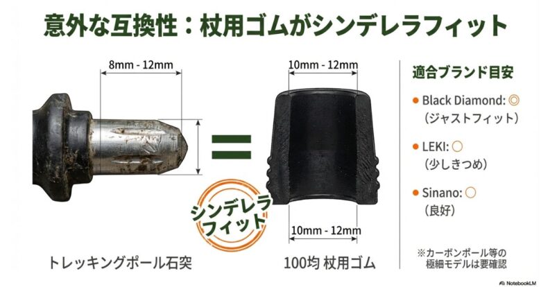トレッキングポールの石突径8mm-12mmに対し、100均の杖用ゴム10mm-12mmが適合することを示す図。ブラックダイヤモンド、LEKI、シナノへの適合度リスト。