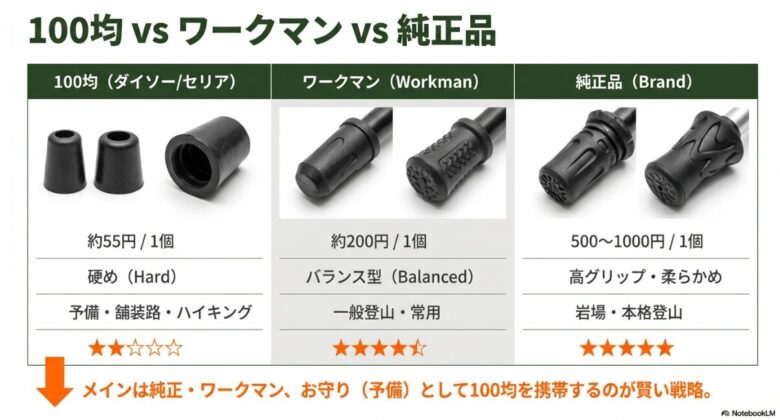 100均、ワークマン、純正品のキャップの外観写真と、それぞれの単価、ゴムの硬さ、推奨用途をまとめた比較図。