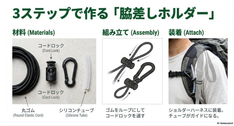 丸ゴム、コードロック、カラビナ、シリコンチューブの材料写真と、ショルダーハーネスへの装着方法を示すイラスト。