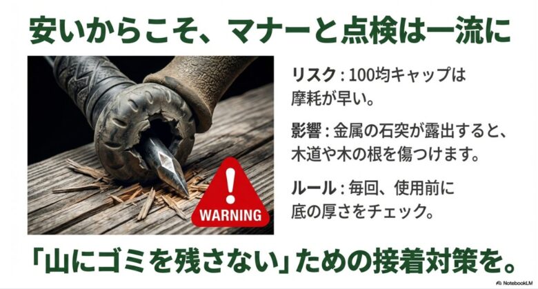 摩耗して穴が開いたゴムキャップから金属の先端が突き出し、木道を傷つけている写真。使用前に底の厚さをチェックするよう促す警告マーク。