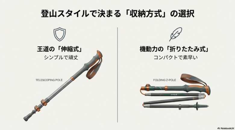 伸縮式（テレスコーピング）と折りたたみ式（Zポール）のトレッキングポールの外観比較画像。