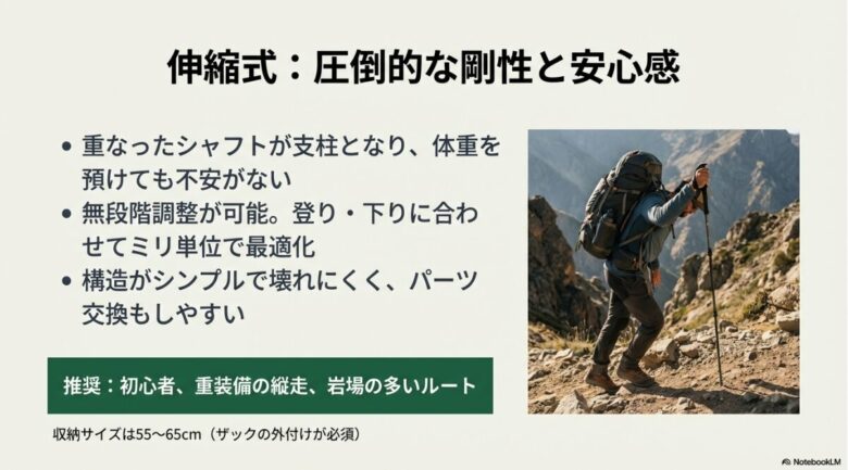 重装備の登山者が伸縮式ポールを使用して岩場を歩く様子と、無段階調整や高い剛性などのメリット。