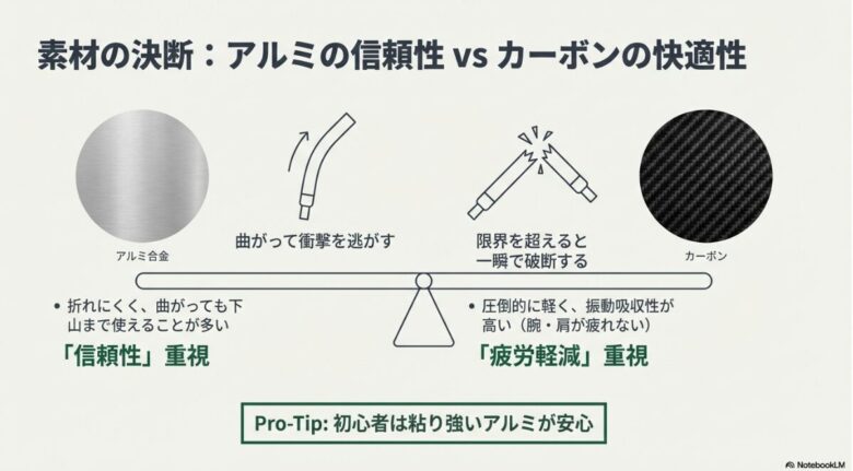 アルミ合金の「曲がって衝撃を逃がす信頼性」と、カーボンの「軽さと振動吸収性による疲労軽減」を比較したイラスト