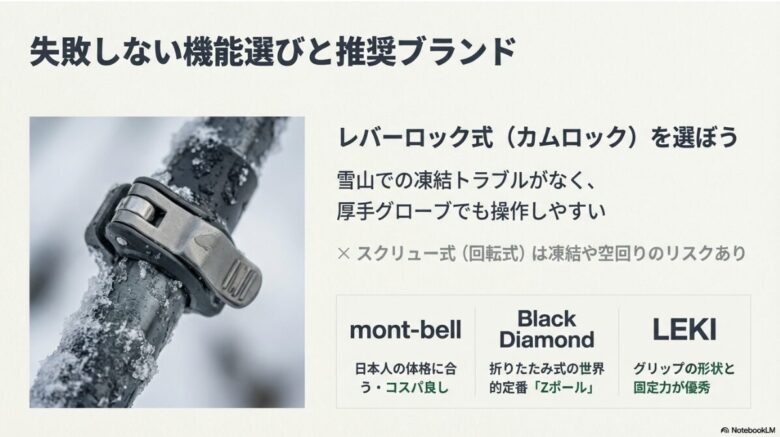 凍結したレバーロックのクローズアップ画像と、モンベル、ブラックダイヤモンド、レキの各ブランドの特徴をまとめた表。
