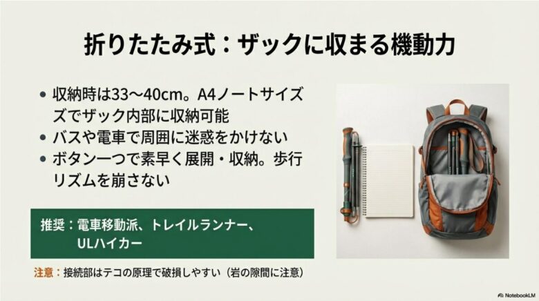 A4ノートサイズに折りたたんだポールがザック内部にすっぽりと収まっている様子。