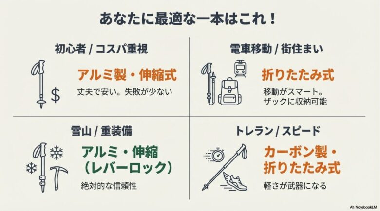 初心者・コスパ、電車移動、雪山・重装備、トレラン・スピードの4つのスタイル別に最適なポールの種類をまとめた一覧図。