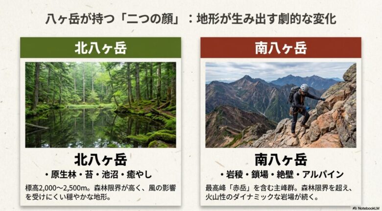 北八ヶ岳(原生林・苔・池)と南八ヶ岳(岩稜・鎖場・絶壁)の地形的特徴を比較した図解。