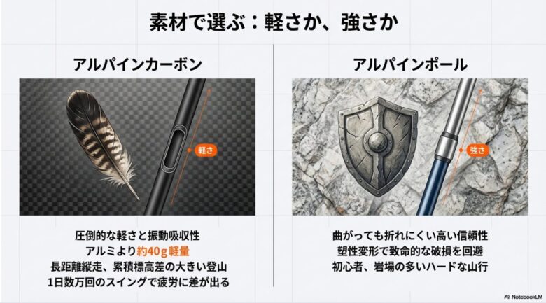 アルパインカーボンの圧倒的な軽さと振動吸収性、アルパインポールの高い信頼性と耐久性の違いを解説するスライド
