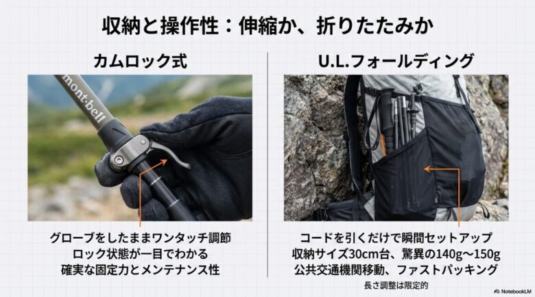 グローブをしたまま操作できるカムロック式と、収納サイズ30cm台を実現するU.L.フォールディングポールの特徴比較