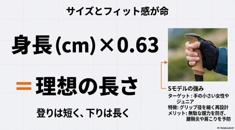 身長×0.63の計算式と、手の小さい女性やジュニア向けにグリップを細く再設計したSモデルの紹介スライド