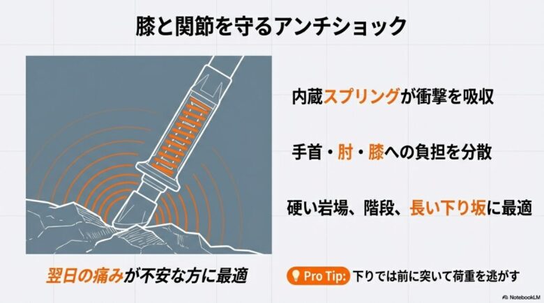 内蔵スプリングが衝撃を吸収し、手首・肘・膝への負担を分散させるアンチショック機能の解説スライド