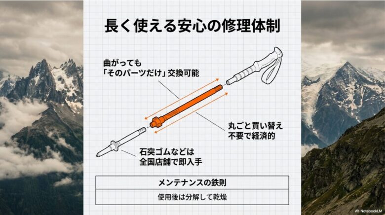 特定のパーツのみ交換可能な修理体制と、使用後に分解・乾燥させるメンテナンスの鉄則を記したスライド