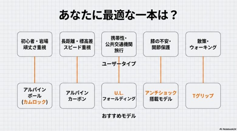 初心者、長距離、携帯性、膝の不安、散策など、目的別に推奨モデルをまとめた一覧表