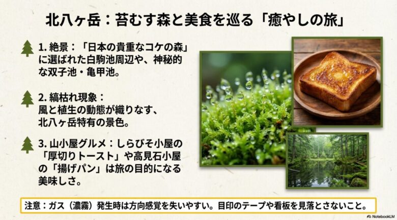 北八ヶ岳の見どころ紹介。白駒池の苔、縞枯れ現象、しらびそ小屋のトーストや高見石小屋の揚げパンのイラスト