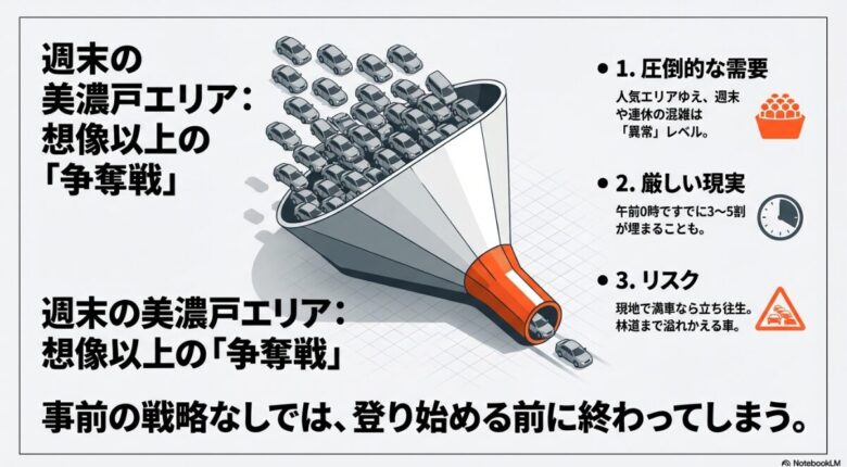 多くの車が漏斗（じょうご）に吸い込まれていくイラスト。週末の美濃戸エリアは需要が圧倒的で、深夜0時から埋まり始める「争奪戦」であることを表現。