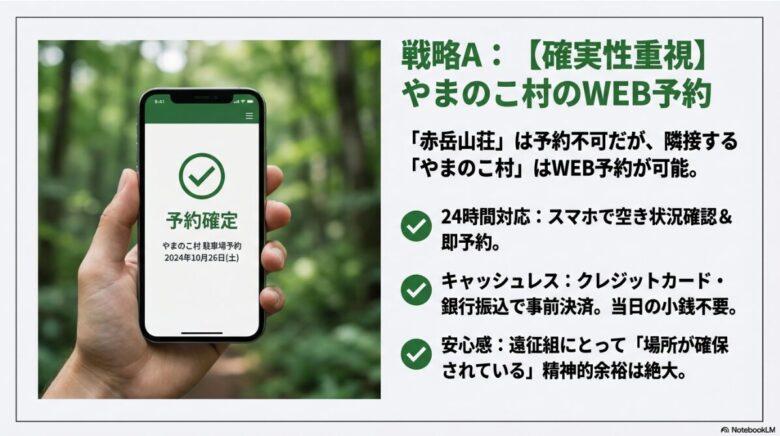 スマートフォンの画面に「予約確定 やまのこ村駐車場予約」と表示されているイメージ。24時間対応、キャッシュレス決済、遠征組の安心感を強調。