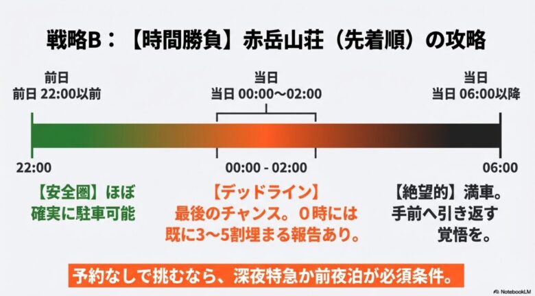 Akadake Sansoの駐車確率を示すタイムライン。前夜22時以前は安全圏、当日深夜0時から2時がデッドライン、朝6時以降は絶望的であることを示す図解。