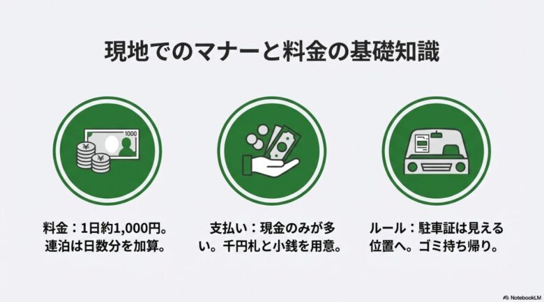 料金は1日約1,000円で連泊は加算、支払いは現金のみ、駐車証は見える位置に提示しゴミは持ち帰るという現地マナーのまとめ。