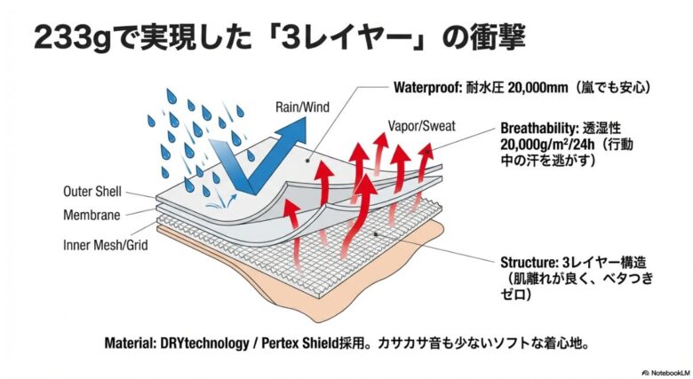2.5層構造の肌への張り付きという不快感を、マサオライトの3層構造が解決することを説明する比較イメージ 。