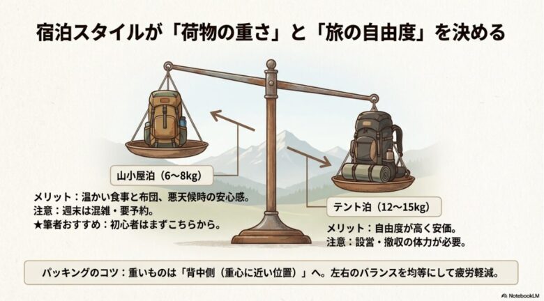 山小屋泊(6〜8kg)とテント泊(12〜15kg)の重さを天秤で比較した図。重いものを背中側に置くパッキングのコツも記載。