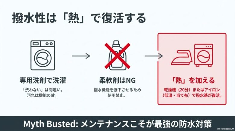 専用洗剤での洗濯、柔軟剤の使用禁止、乾燥機やアイロンによる「熱」で撥水基を復活させる手順の解説