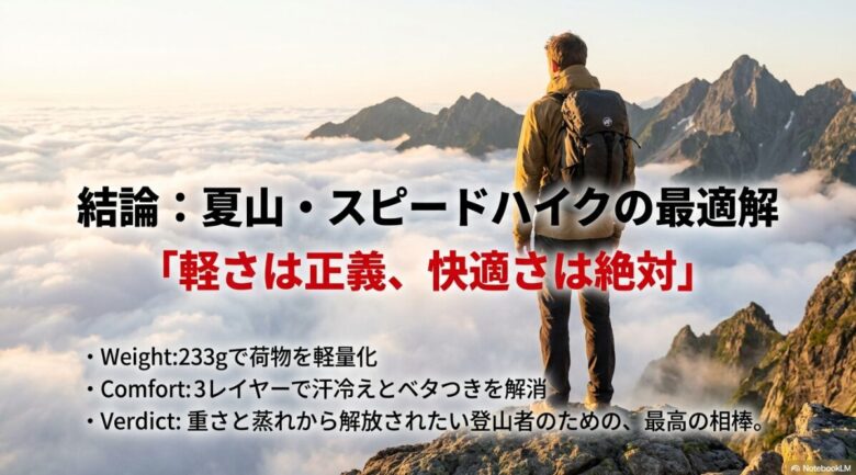 重量233gと3レイヤーによる快適さを兼ね備え、重さと蒸れから登山者を解放するマサオライトの最終結論スライド 。