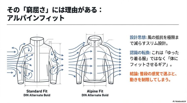 風の抵抗を極限まで減らすスリム設計「アルパインフィット」の概念図。体にフィットさせるギアとしての設計思想を解説