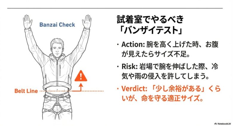 腕を高く上げた際にお腹が見えないかを確認する「バンザイチェック」のイラスト。冷気や雨の侵入を防ぐ適正サイズの見極め方を解説。
