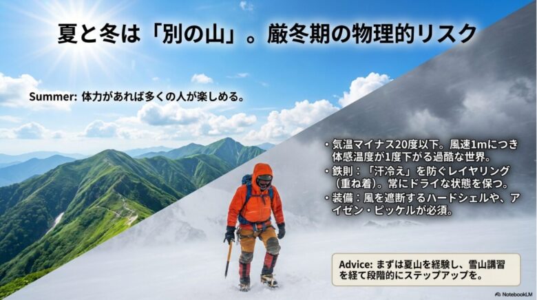 夏山と厳冬期八ヶ岳の比較。マイナス20度以下の体感温度、レイヤリングの鉄則、アイゼン・ピッケル等の必要装備。