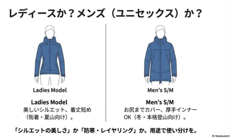 レディースモデル（シルエット重視・着丈短め）とメンズS/Mサイズ（防寒重視・お尻までカバー）の着用イメージ比較。