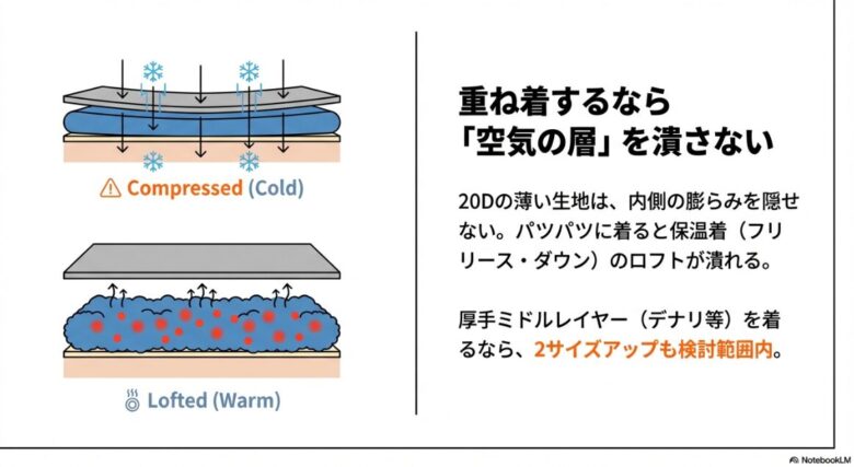 パツパツに着用することでインナー（フリースやダウン）のロフト（空気の層）が潰れ、保温性が低下するメカニズムの図解。