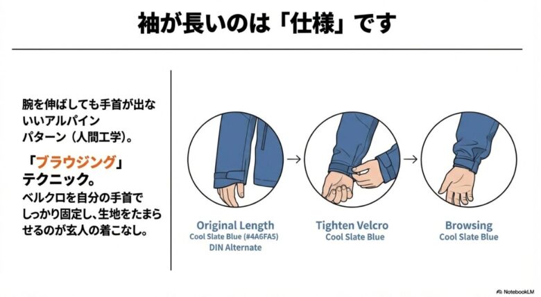 アルパインパターンによる長い袖を、手首のベルクロで固定して生地を溜める「ブラウジング」という玄人向けの着こなし技術の解説。