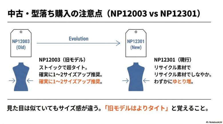 旧モデル(NP12003)のストイックなタイトさと、現行モデル(NP12301)のわずかなゆとりと素材のしなやかさを比較したスライド。