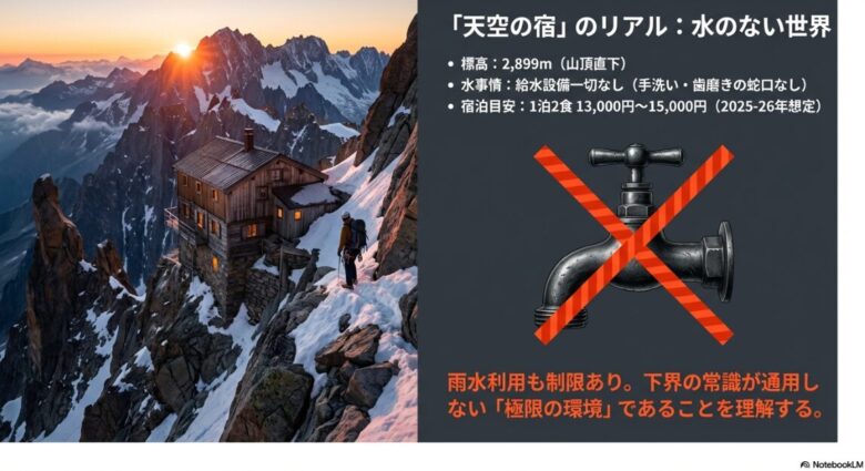 蛇口に×印がついたイラストと共に、給水設備が一切なく手洗いもできない極限環境であることを説明するスライド