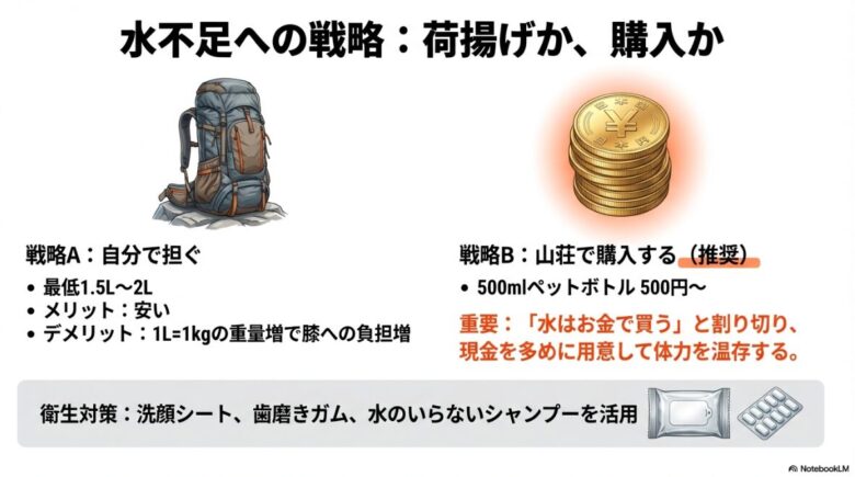 自分で水を担ぐメリット・デメリットと、山荘での購入（500mlペットボトル500円〜）を推奨する戦略スライド