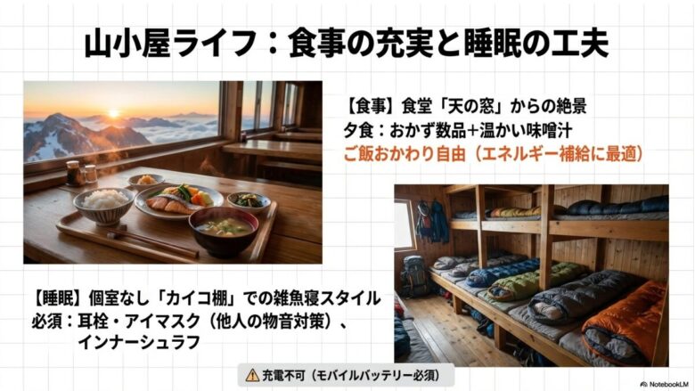 食堂「天の窓」での充実した食事と、個室のない「カイコ棚」での雑魚寝スタイルを解説するスライド