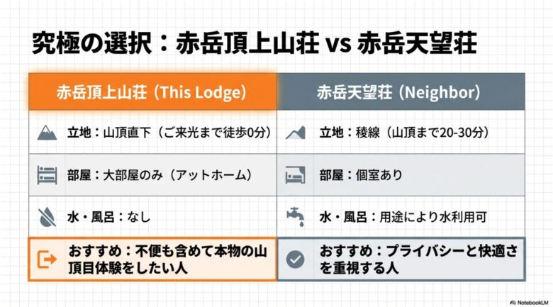 立地・部屋・水・風呂の有無で赤岳頂上山荘と赤岳天望荘を比較し、それぞれのおすすめタイプを提示するスライド