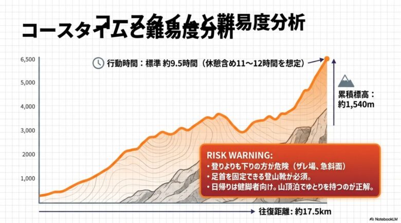 累積標高約1,540m、往復約17.5kmのコースタイムと下山の危険性を警告する高低図スライド