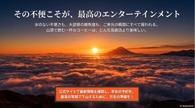 水のない不便さや雑魚寝が、山頂の一杯のコーヒーとご来光で報われることを伝える結びのスライド