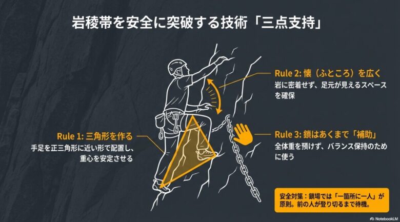 三点支持の図解。手足を三角形に配置し、懐を広く取り、鎖を補助として使う3つのルール。