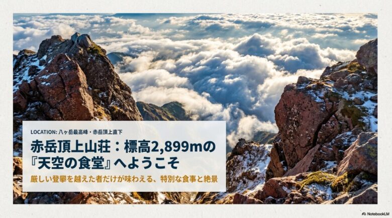 八ヶ岳最高峰・赤岳頂上直下（2,899m）に位置する「天空の食堂」赤岳頂上山荘のタイトルスライド。