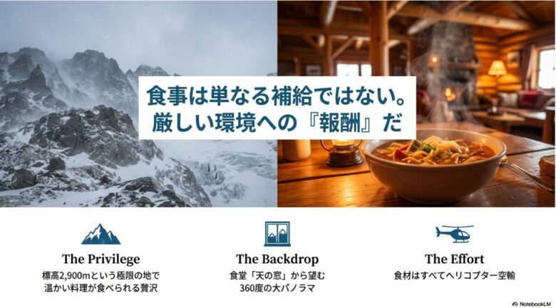 厳しい環境への「報酬」としての食事。360度の大パノラマを楽しめる食堂「天の窓」と、食材がすべてヘリコプターで空輸されている背景の解説。