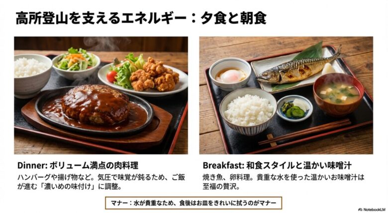 ボリューム満点のハンバーグ等の肉料理（夕食）と、焼き魚・温かい味噌汁の定食（朝食）の写真。味付けの工夫と、食後にお皿を拭うマナーについての記載