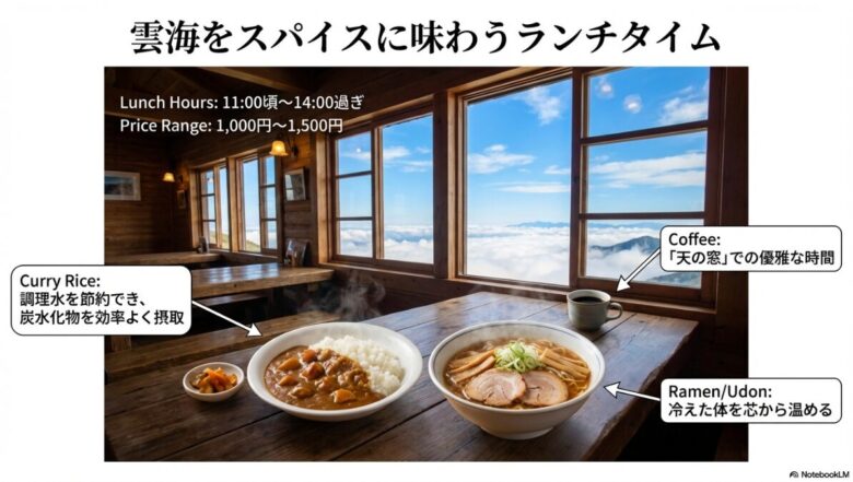 雲海を望む窓際でのカレーライス、ラーメン、コーヒーの写真。ランチの営業時間（11時頃〜14時過ぎ）と価格帯（1,000円〜1,500円）の案内。