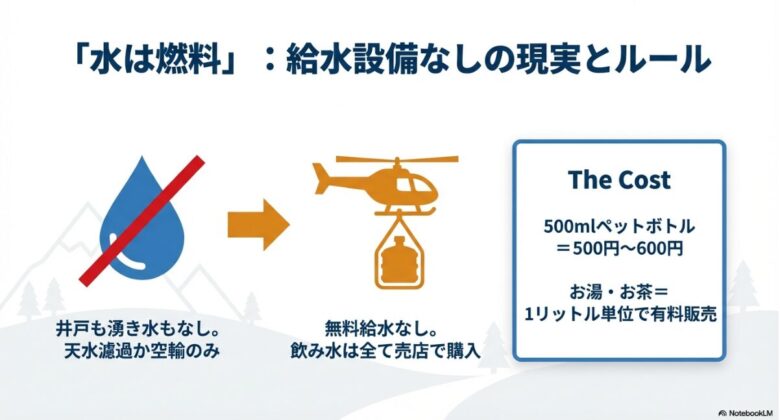水は燃料」という考え方。井戸や湧き水がなく、飲み水はすべて売店で購入（ペットボトル500円〜600円）する必要があることを示す図解。